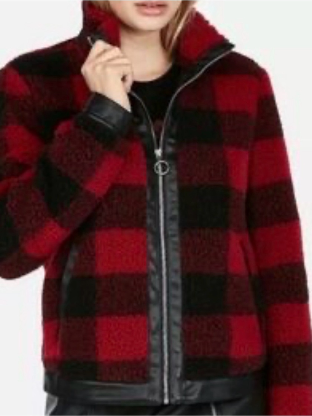 Express Red & Black Buffalo Plaid Teddy Jacket